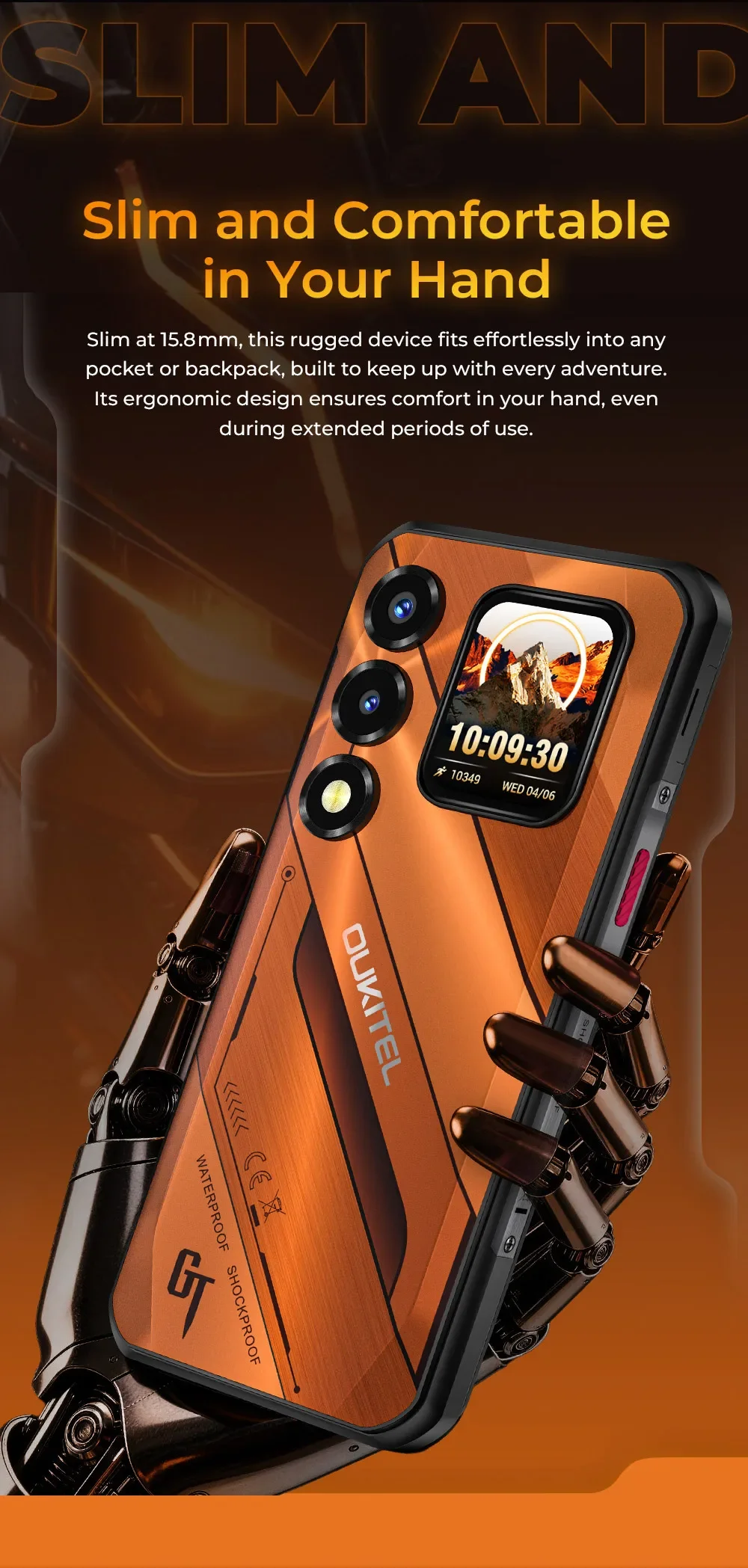 Oukitel WP66 Ultra-slim Rugged Smartphone, 36GB(12+24) RAM+512GB ROM, Dual Screen with Auxiliary Secondary Display, Dimensity 7000 5G Chipset, 6.6" FHD+ 120Hz Screen, 11000mAh Big Battery, 100MP Main Camera, 33W Fast Charging