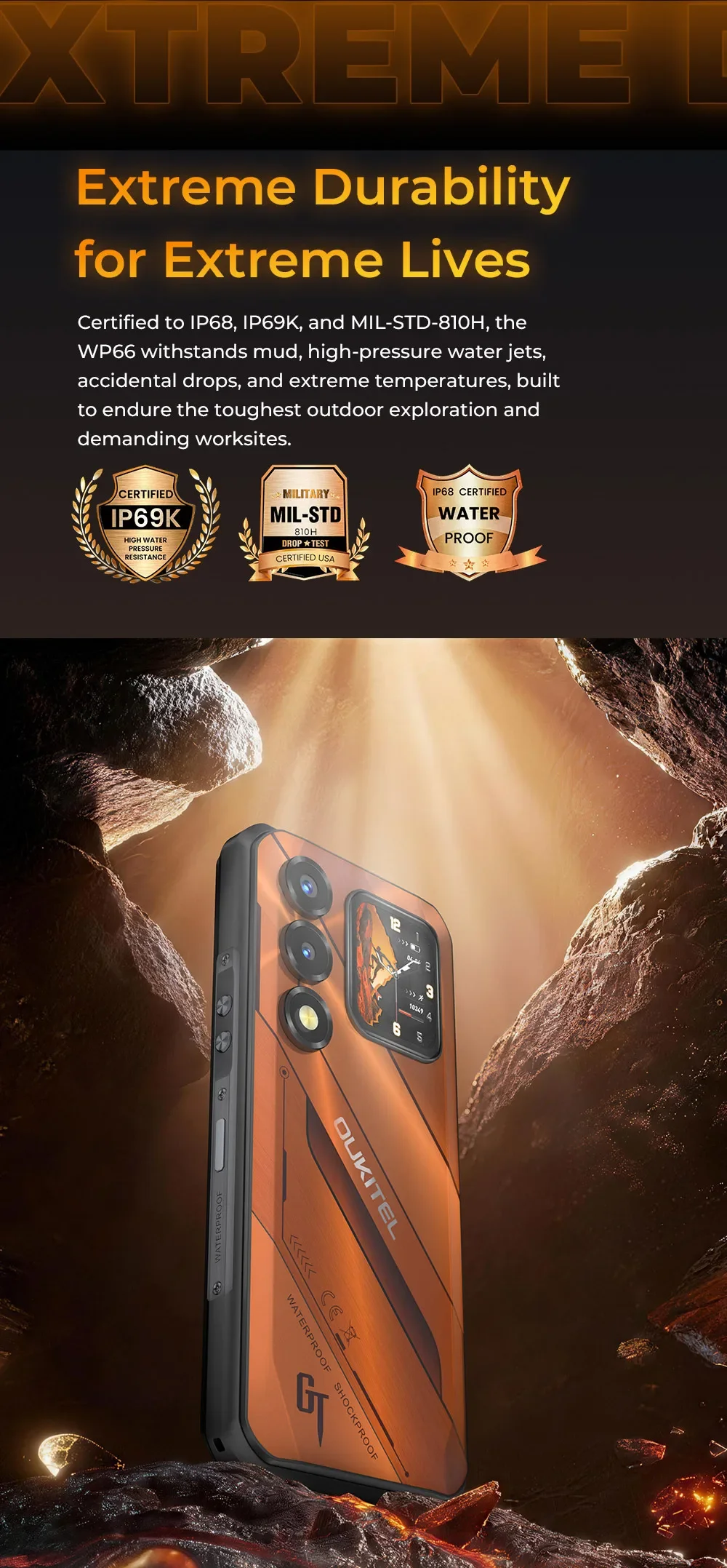Oukitel WP66 Ultra-slim Rugged Smartphone, 36GB(12+24) RAM+512GB ROM, Dual Screen with Auxiliary Secondary Display, Dimensity 7000 5G Chipset, 6.6" FHD+ 120Hz Screen, 11000mAh Big Battery, 100MP Main Camera, 33W Fast Charging