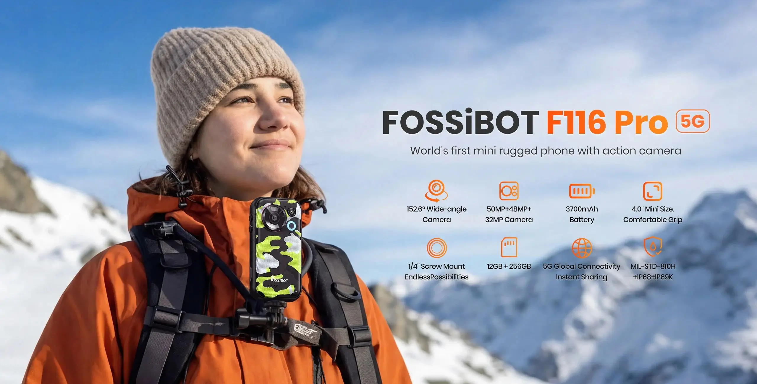 Fossibot F116 pro 5G Rugged 12GB RAM 256GB Storage 152.6° Wide-Angle Mini Camera 4-inch 3700mAh Battery Dimensity 7300 Android16