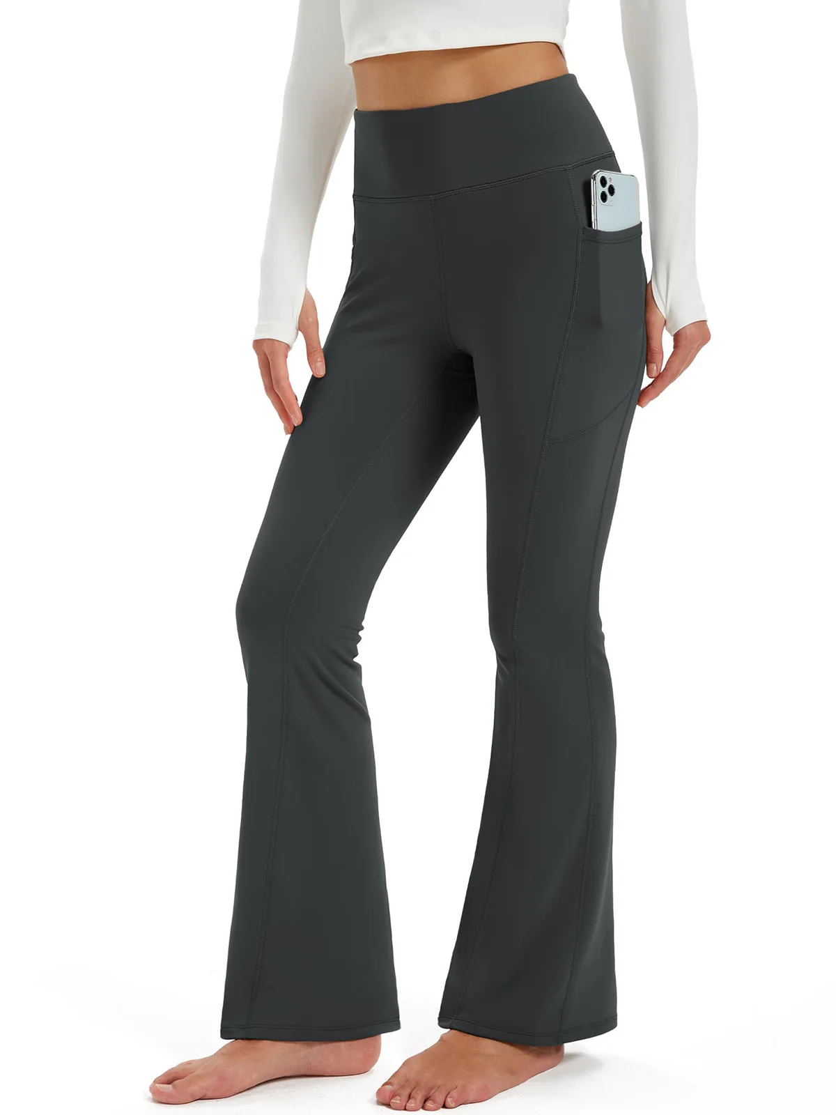 TACVASEN Fleece Lined Water Resistant Leggings Slim Flare Pants Womens High Waist Winter Warm Casual Yoga Pants with Pockets