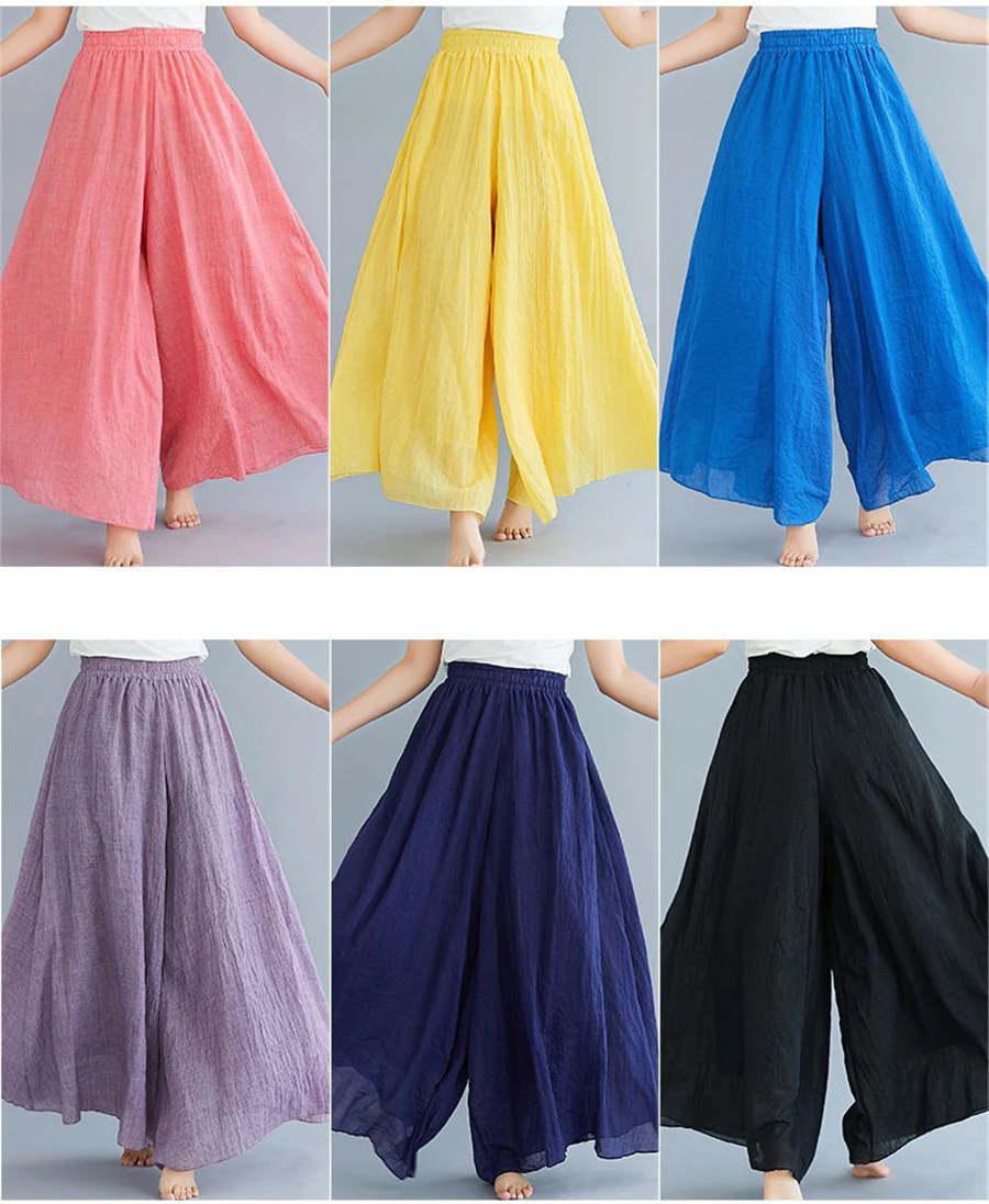 Baggy Cotton Linen Culotte Pants Women Casual Wide Leg Pantalones Summer Candy Color Sweatpants Ankle-length Straight Trousers