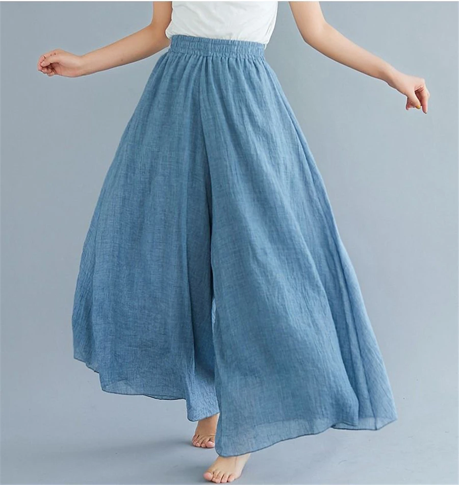 Baggy Cotton Linen Culotte Pants Women Casual Wide Leg Pantalones Summer Candy Color Sweatpants Ankle-length Straight Trousers