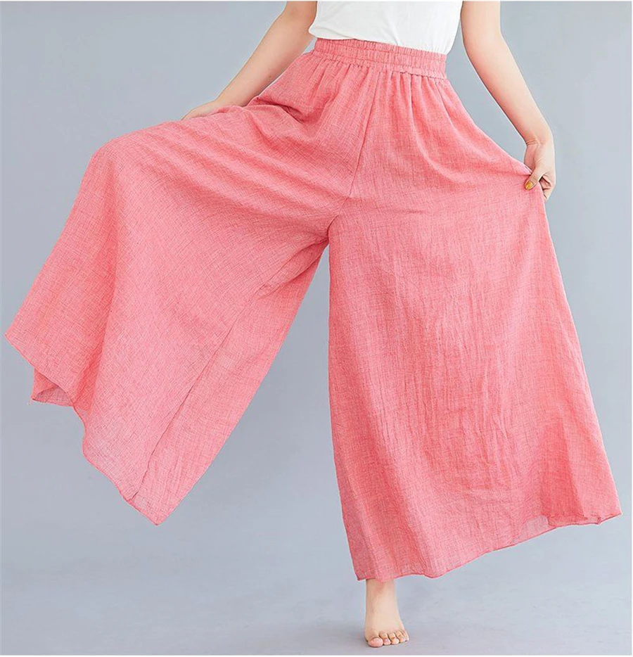 Baggy Cotton Linen Culotte Pants Women Casual Wide Leg Pantalones Summer Candy Color Sweatpants Ankle-length Straight Trousers