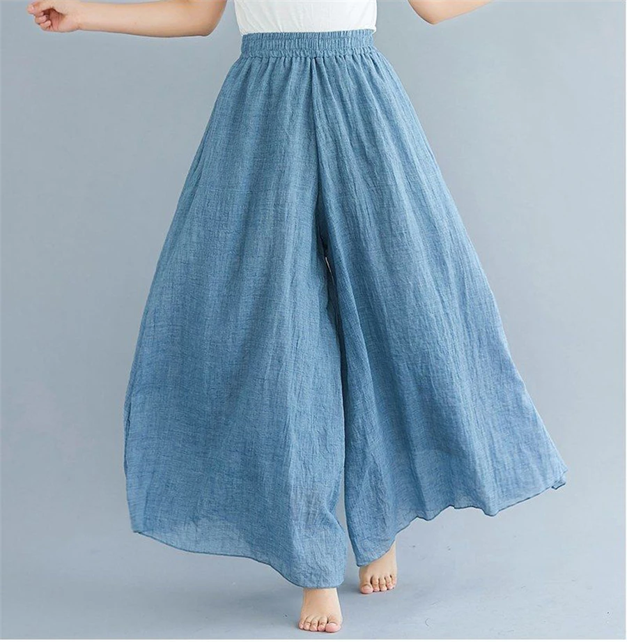 Baggy Cotton Linen Culotte Pants Women Casual Wide Leg Pantalones Summer Candy Color Sweatpants Ankle-length Straight Trousers