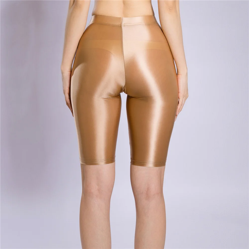 Sexy Women Oil Glossy Shiny High Waist Shorts Sheer See Through Candy Color Elastic Casual Yoga Shorts Shaping Tight Plus Size