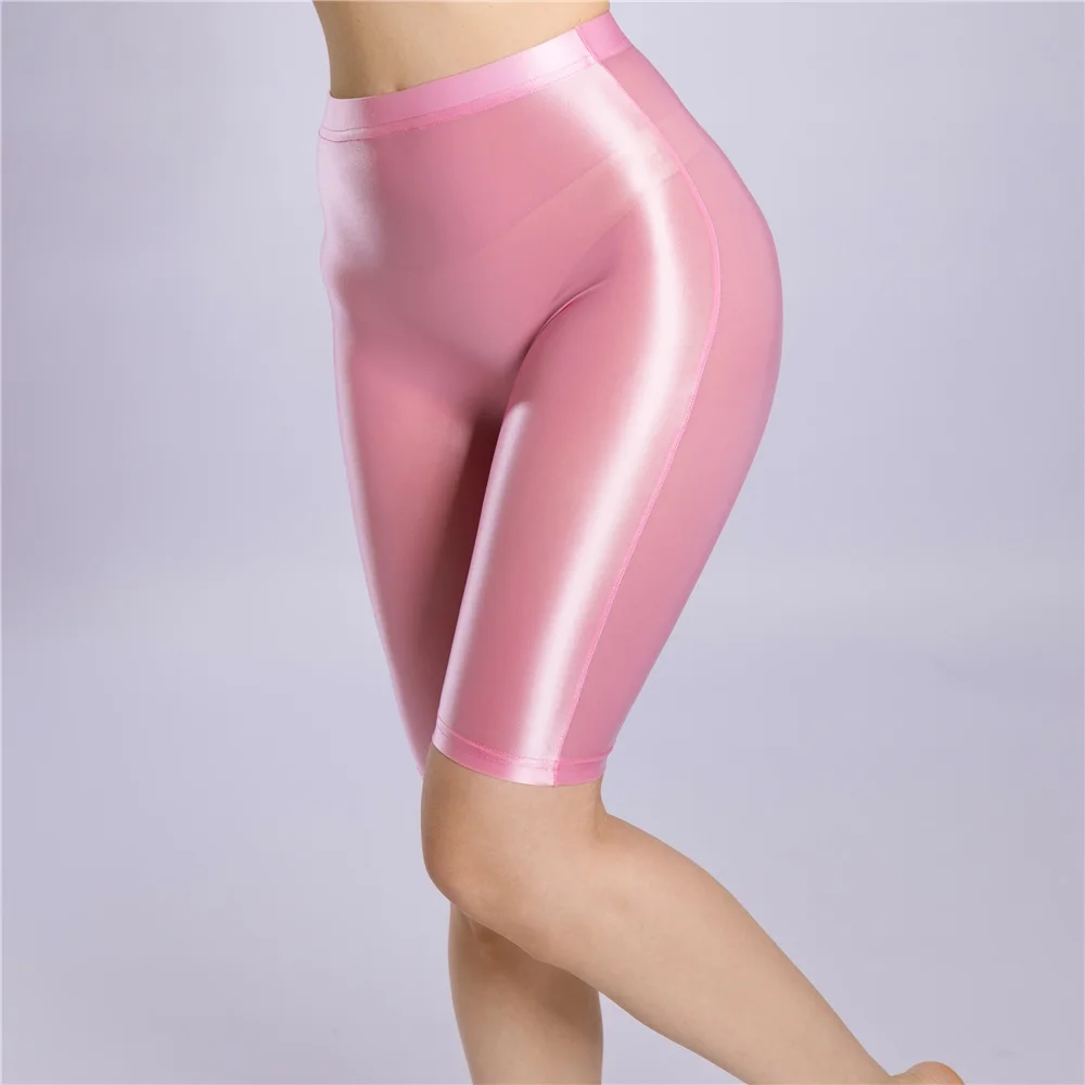 Sexy Women Oil Glossy Shiny High Waist Shorts Sheer See Through Candy Color Elastic Casual Yoga Shorts Shaping Tight Plus Size