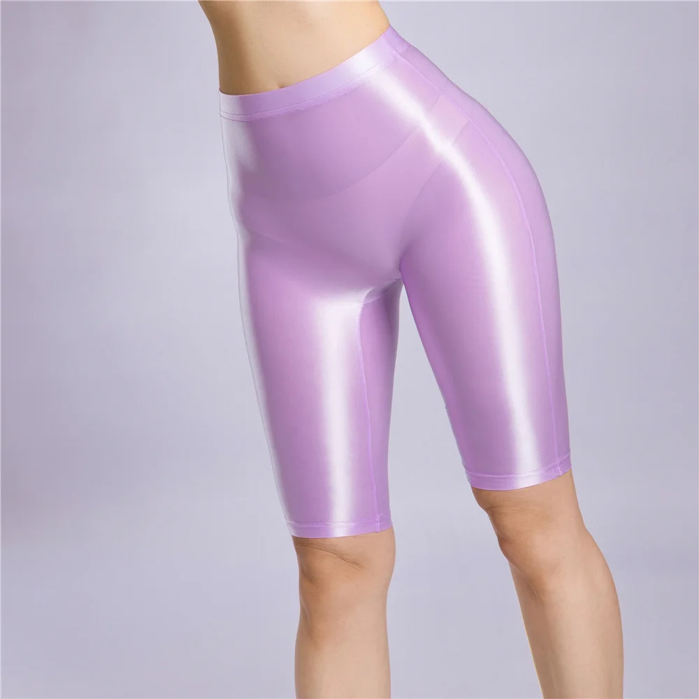 Sexy Women Oil Glossy Shiny High Waist Shorts Sheer See Through Candy Color Elastic Casual Yoga Shorts Shaping Tight Plus Size