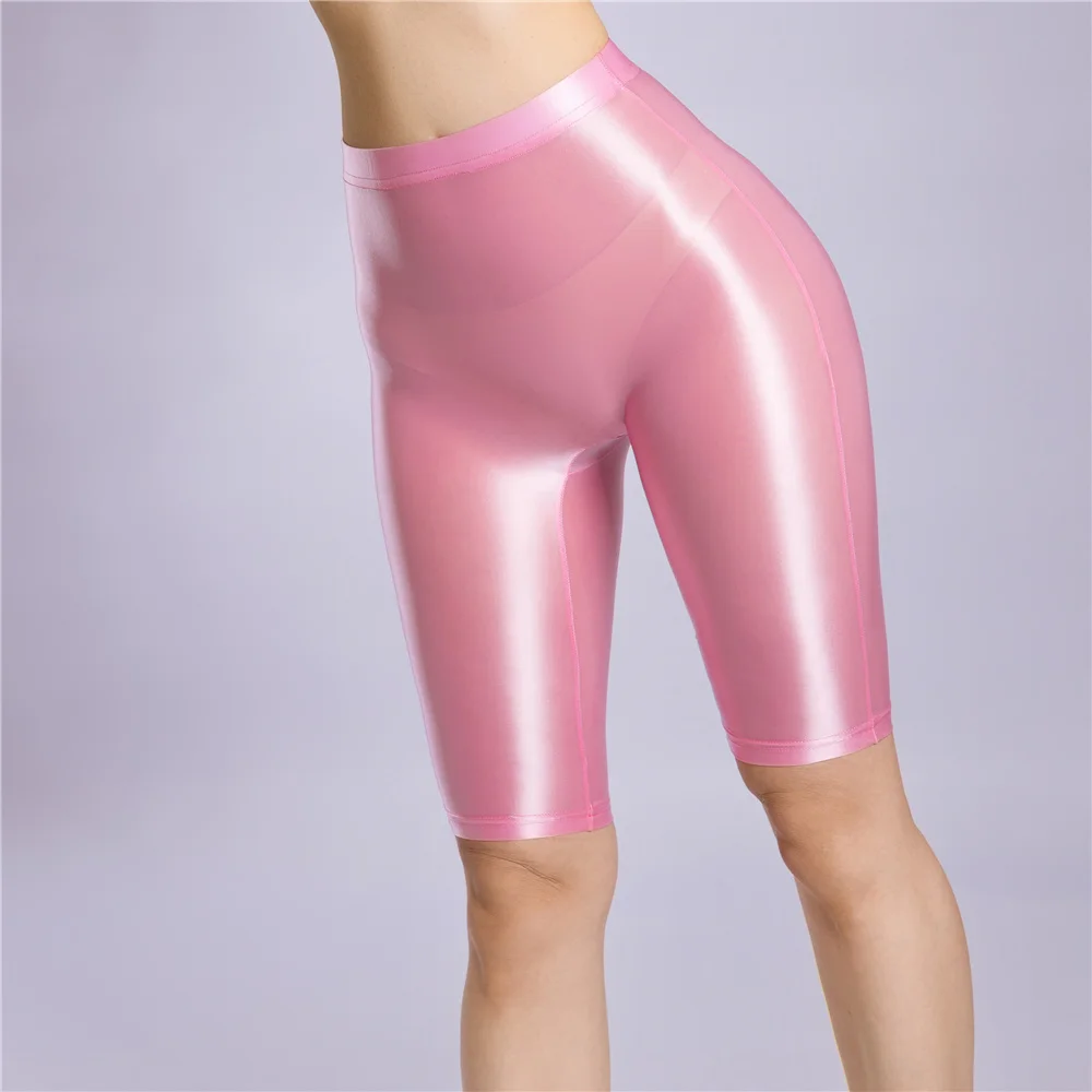 Sexy Women Oil Glossy Shiny High Waist Shorts Sheer See Through Candy Color Elastic Casual Yoga Shorts Shaping Tight Plus Size