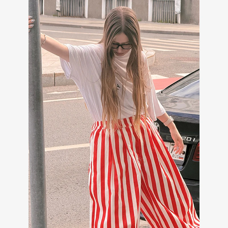 Casual Striped Balloon Pants Women Linen Elastic Waist Wide Leg Loose Fit Long Trousers 2026 Summer Lady Daily Street Wears New