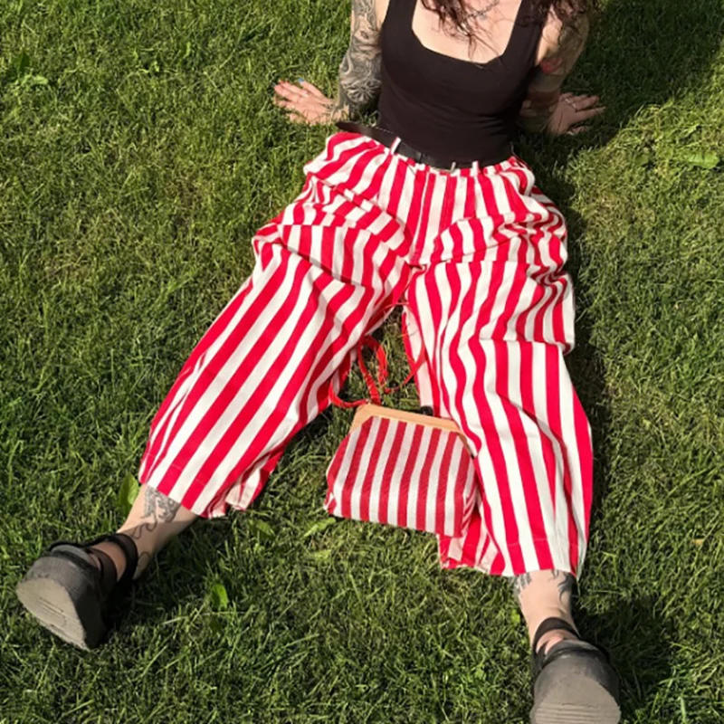 Casual Striped Balloon Pants Women Linen Elastic Waist Wide Leg Loose Fit Long Trousers 2026 Summer Lady Daily Street Wears New