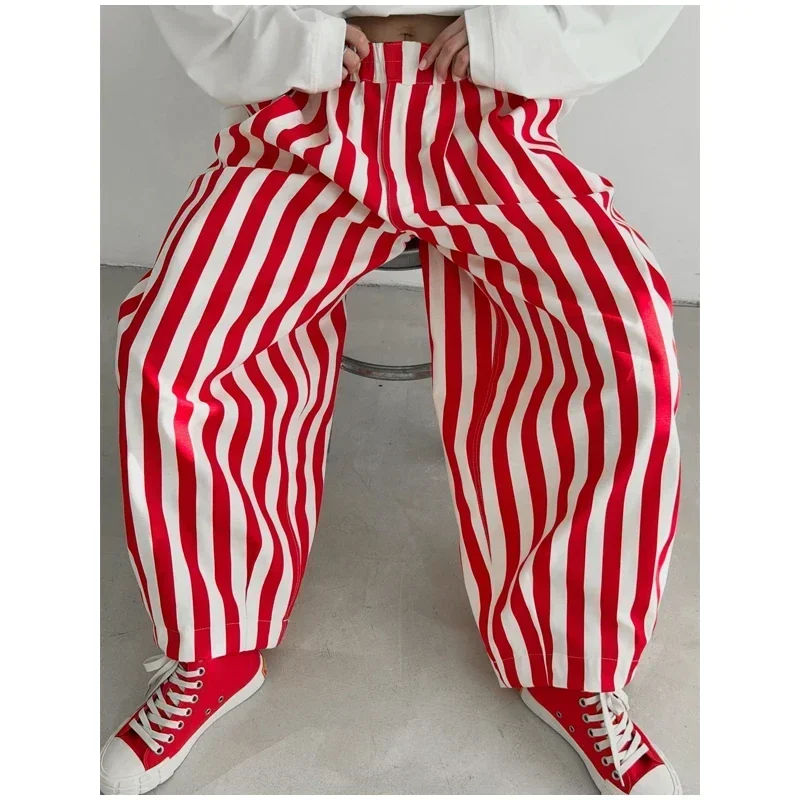 Casual Striped Balloon Pants Women Linen Elastic Waist Wide Leg Loose Fit Long Trousers 2026 Summer Lady Daily Street Wears New