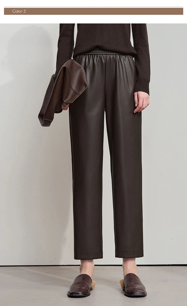 AMII Minimalist Leather Pants 2025 Winter Streetwear Straight Black Pants Pocket Casual Ankle-Length Woman Trousers 12523102