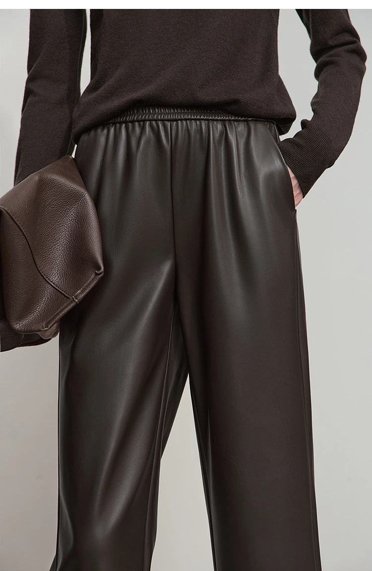 AMII Minimalist Leather Pants 2025 Winter Streetwear Straight Black Pants Pocket Casual Ankle-Length Woman Trousers 12523102
