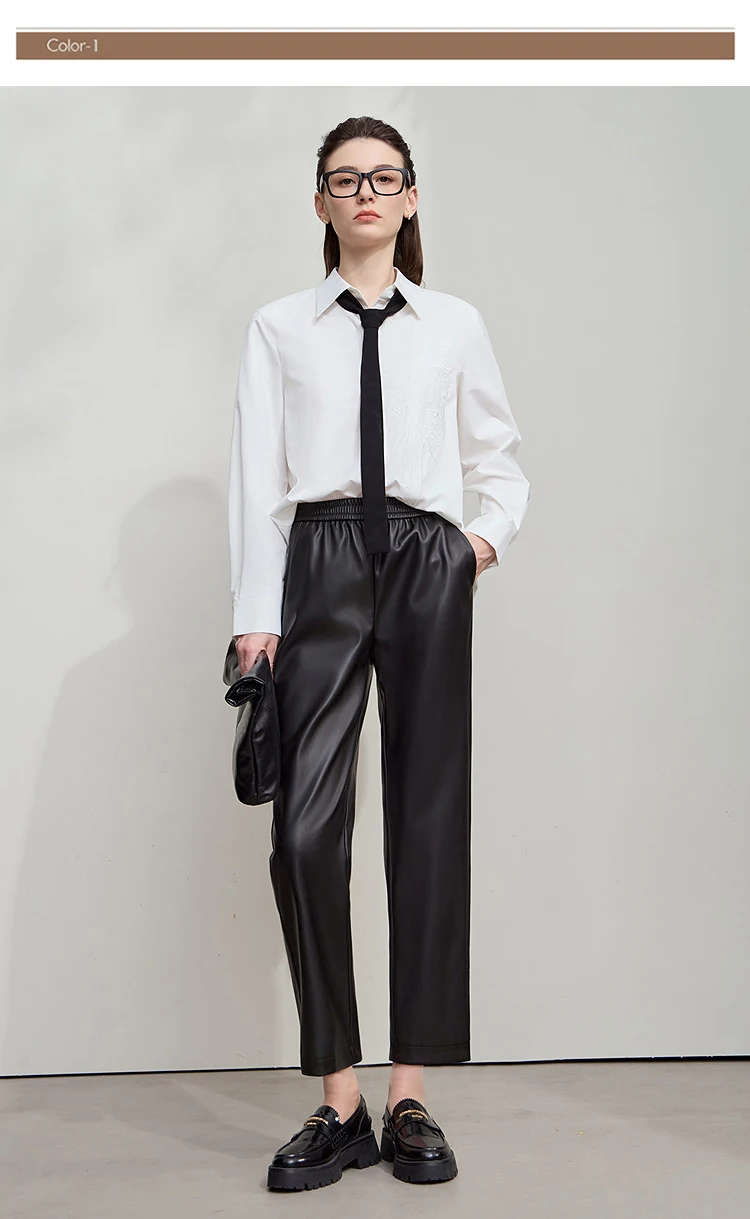 AMII Minimalist Leather Pants 2025 Winter Streetwear Straight Black Pants Pocket Casual Ankle-Length Woman Trousers 12523102