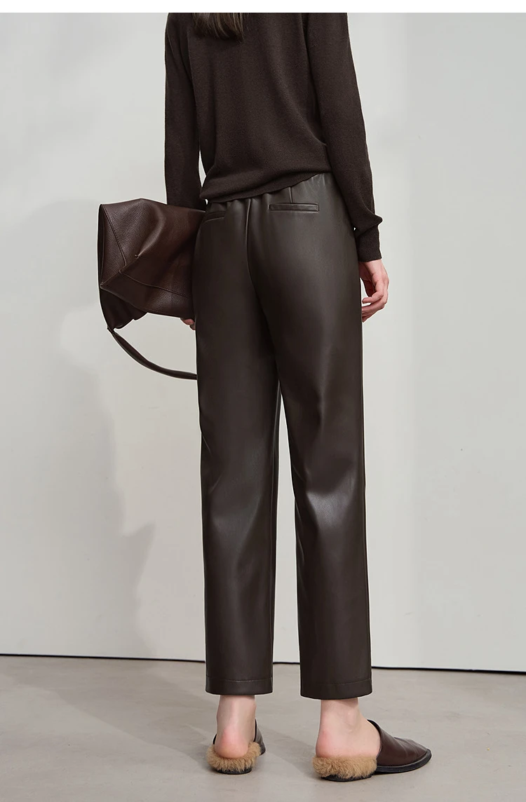 AMII Minimalist Leather Pants 2025 Winter Streetwear Straight Black Pants Pocket Casual Ankle-Length Woman Trousers 12523102