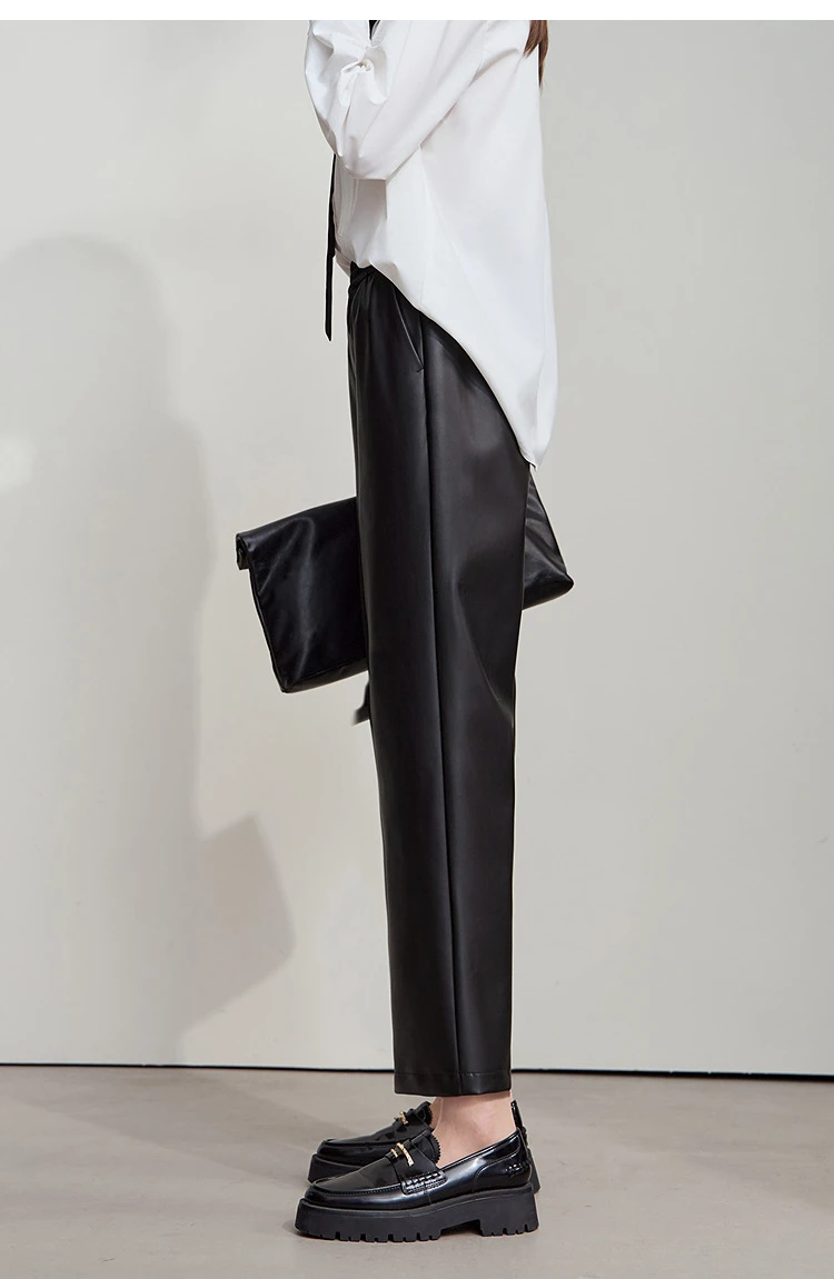 AMII Minimalist Leather Pants 2025 Winter Streetwear Straight Black Pants Pocket Casual Ankle-Length Woman Trousers 12523102