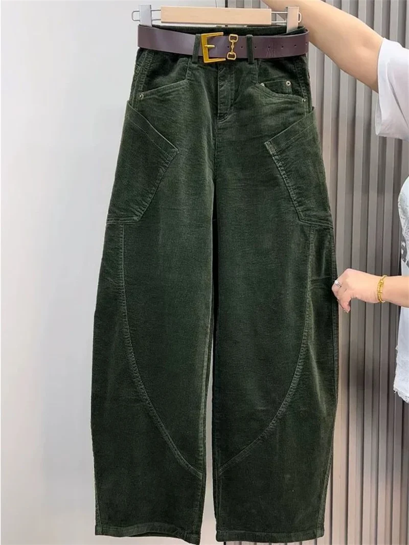 Large Size 4XL Autum Winter Trousers Women Fashion Corduroy Straight Leg Pants Retro Ladies High-end Loose Wide-leg Pantalons