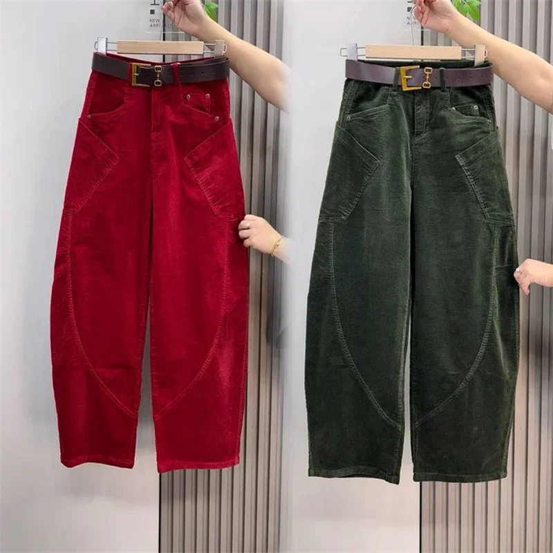 Large Size 4XL Autum Winter Trousers Women Fashion Corduroy Straight Leg Pants Retro Ladies High-end Loose Wide-leg Pantalons