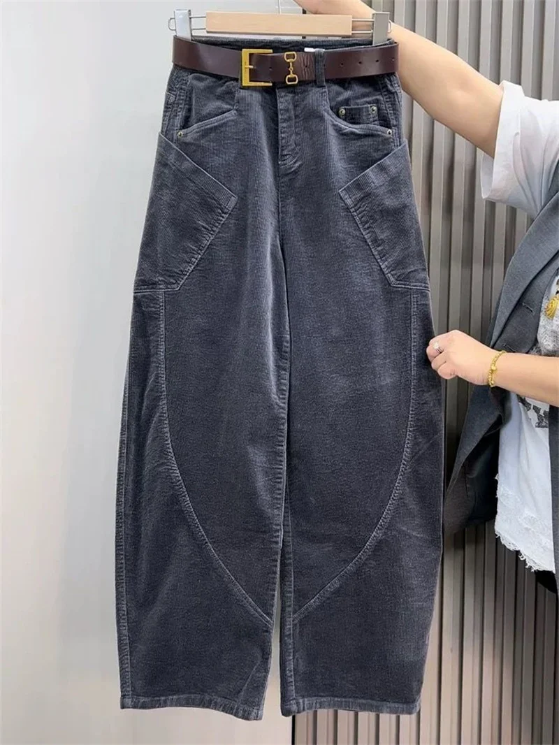 Large Size 4XL Autum Winter Trousers Women Fashion Corduroy Straight Leg Pants Retro Ladies High-end Loose Wide-leg Pantalons