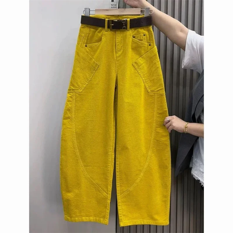 Large Size 4XL Autum Winter Trousers Women Fashion Corduroy Straight Leg Pants Retro Ladies High-end Loose Wide-leg Pantalons