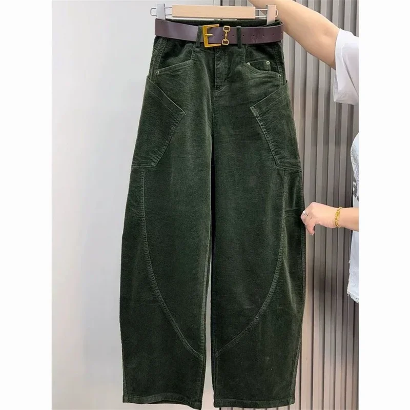 Large Size 4XL Autum Winter Trousers Women Fashion Corduroy Straight Leg Pants Retro Ladies High-end Loose Wide-leg Pantalons