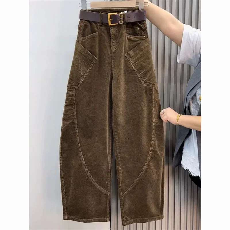Large Size 4XL Autum Winter Trousers Women Fashion Corduroy Straight Leg Pants Retro Ladies High-end Loose Wide-leg Pantalons