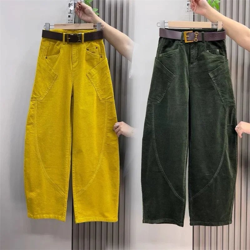 Large Size 4XL Autum Winter Trousers Women Fashion Corduroy Straight Leg Pants Retro Ladies High-end Loose Wide-leg Pantalons