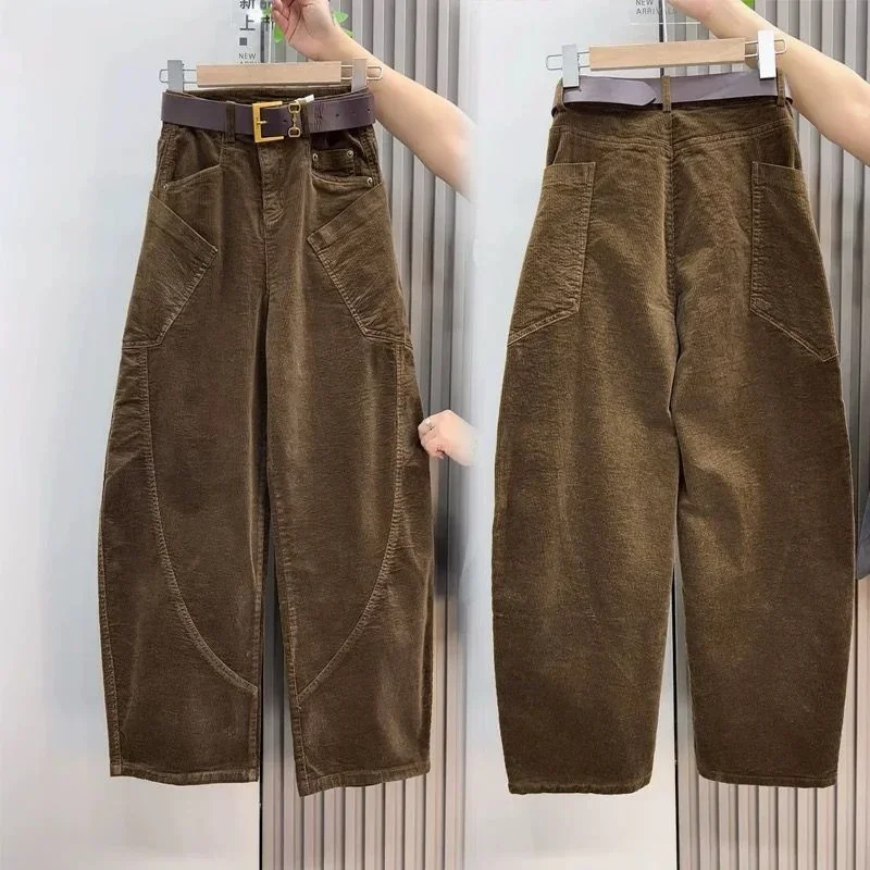 Large Size 4XL Autum Winter Trousers Women Fashion Corduroy Straight Leg Pants Retro Ladies High-end Loose Wide-leg Pantalons