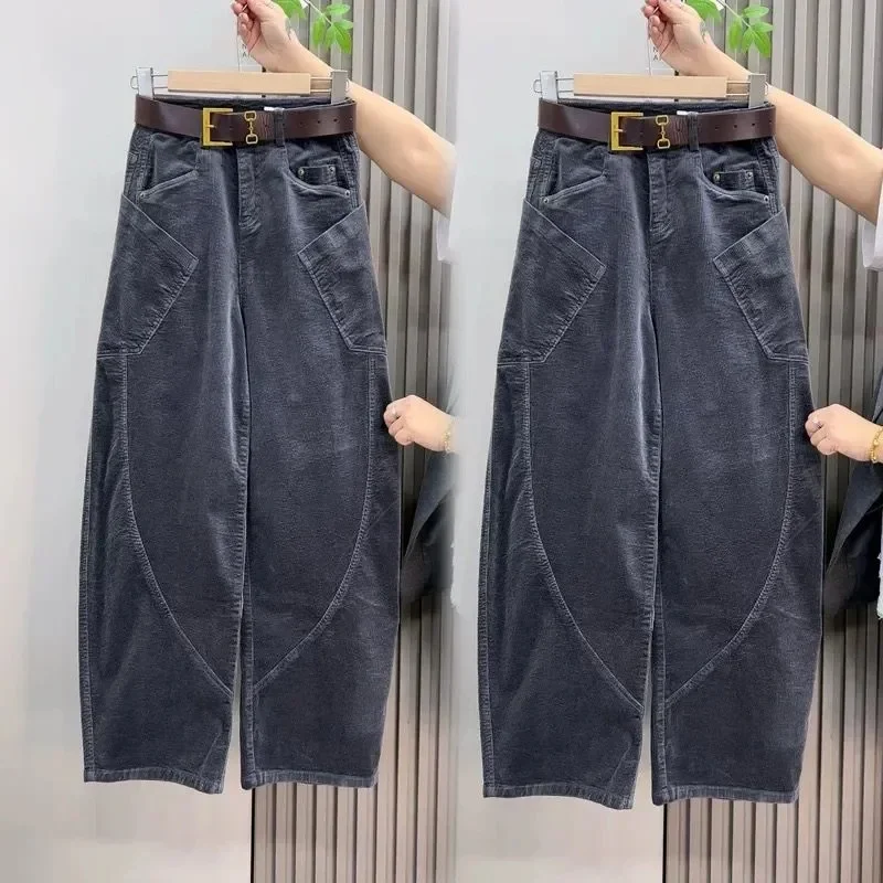 Large Size 4XL Autum Winter Trousers Women Fashion Corduroy Straight Leg Pants Retro Ladies High-end Loose Wide-leg Pantalons