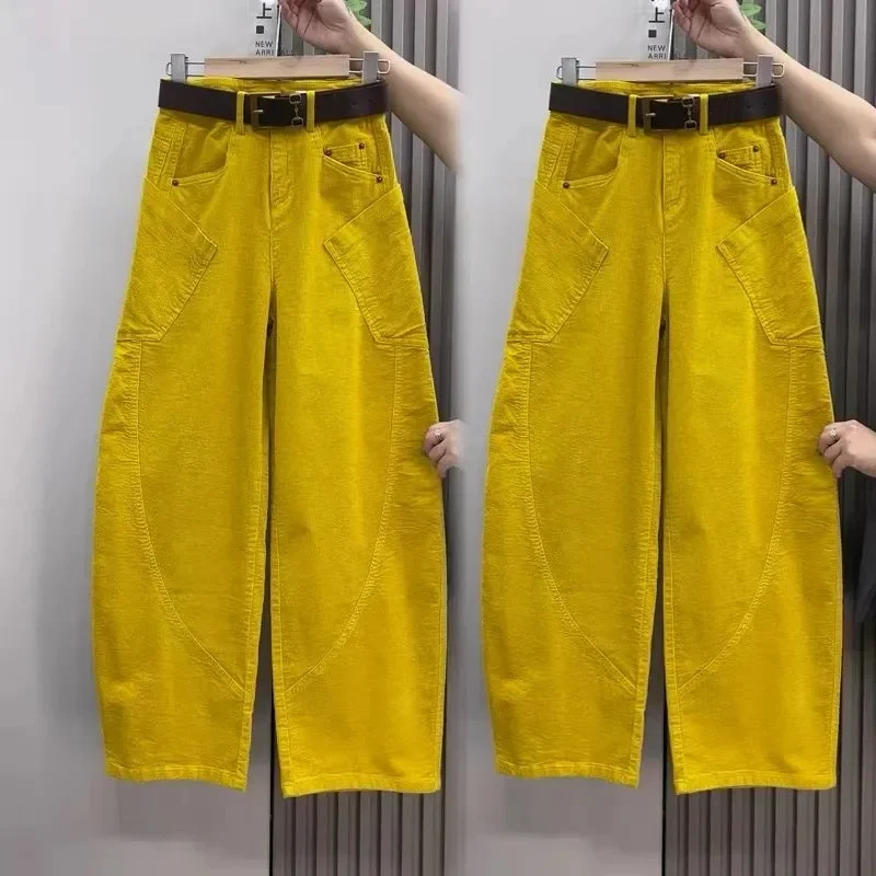 Large Size 4XL Autum Winter Trousers Women Fashion Corduroy Straight Leg Pants Retro Ladies High-end Loose Wide-leg Pantalons