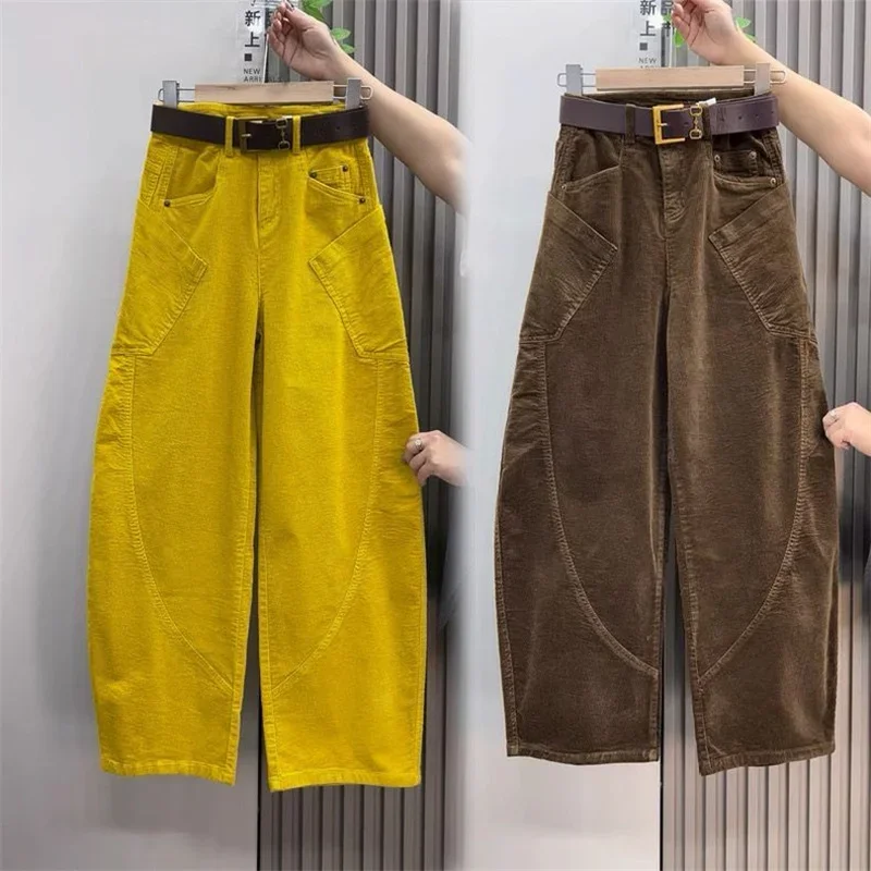 Large Size 4XL Autum Winter Trousers Women Fashion Corduroy Straight Leg Pants Retro Ladies High-end Loose Wide-leg Pantalons