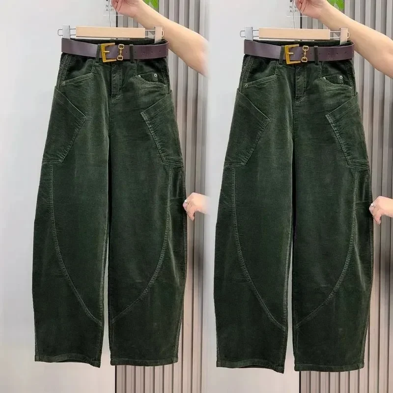 Large Size 4XL Autum Winter Trousers Women Fashion Corduroy Straight Leg Pants Retro Ladies High-end Loose Wide-leg Pantalons