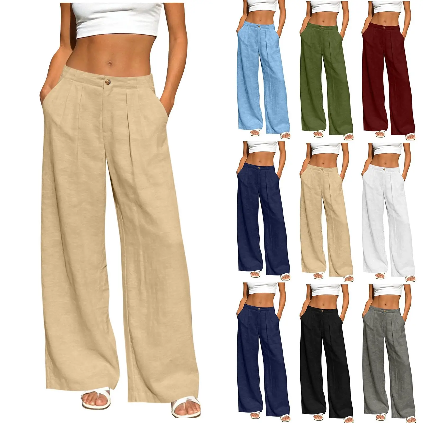 Women's Linen Pants Women Summer Office Lady Elegant Comfort Linen Wide Leg Trousers Suit Wear Palazzo Pants For Women штаны