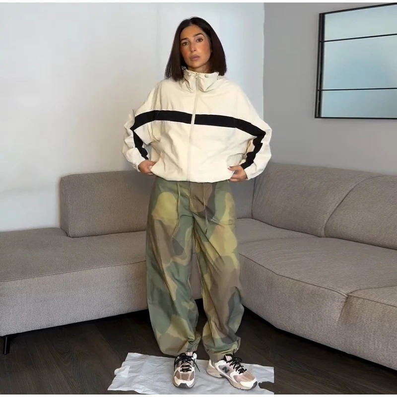 Women Camouflage Cargo Long Pants High Waist Wide Leg Drawstring Hem Baggy Trousers 2026 Autumn Casual Chic Vintage Streetwear