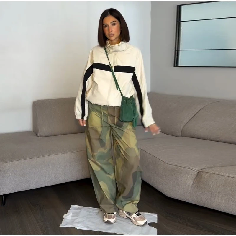 Women Camouflage Cargo Long Pants High Waist Wide Leg Drawstring Hem Baggy Trousers 2026 Autumn Casual Chic Vintage Streetwear