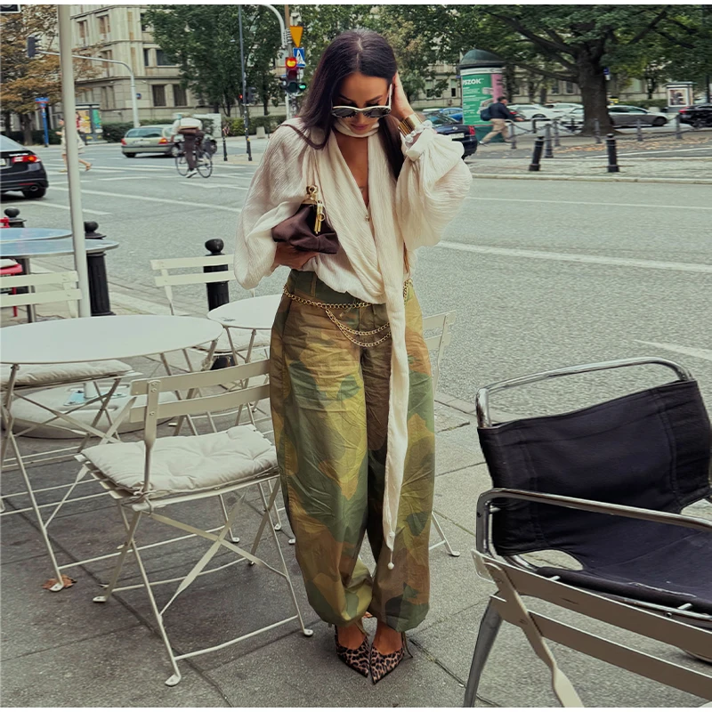 Women Camouflage Cargo Long Pants High Waist Wide Leg Drawstring Hem Baggy Trousers 2026 Autumn Casual Chic Vintage Streetwear
