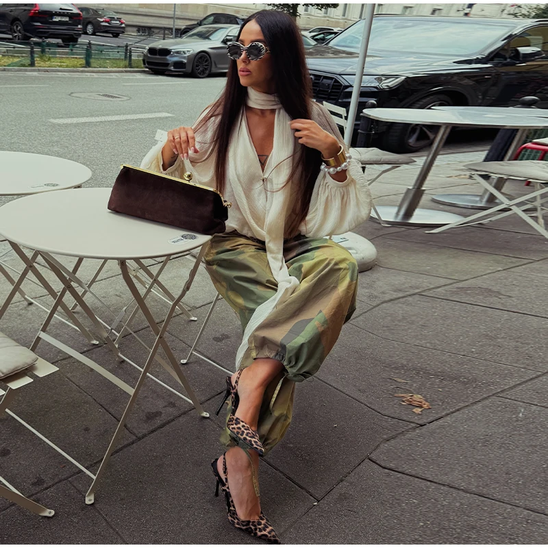 Women Camouflage Cargo Long Pants High Waist Wide Leg Drawstring Hem Baggy Trousers 2026 Autumn Casual Chic Vintage Streetwear
