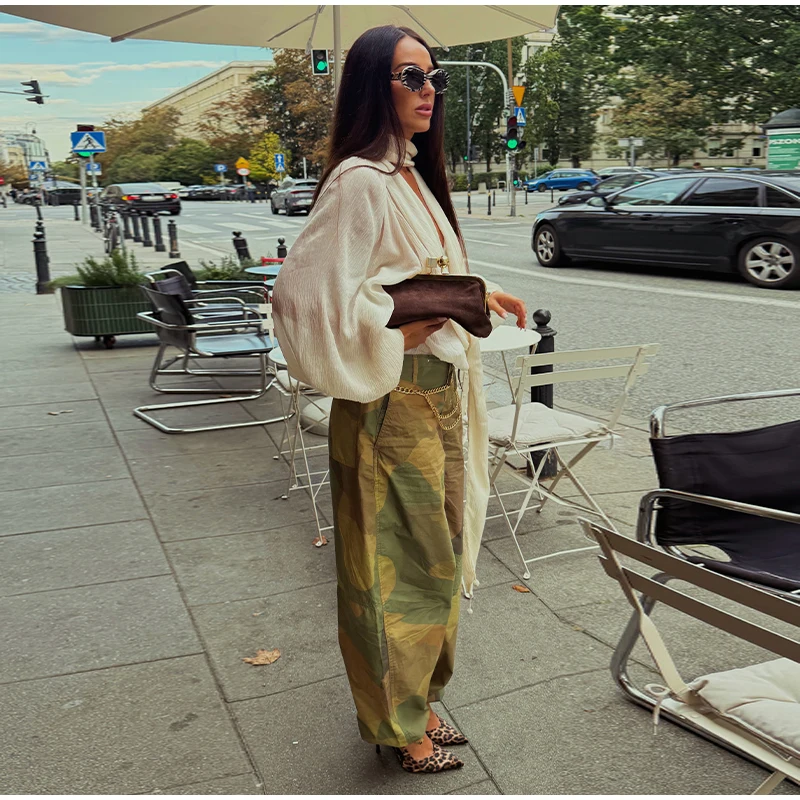 Women Camouflage Cargo Long Pants High Waist Wide Leg Drawstring Hem Baggy Trousers 2026 Autumn Casual Chic Vintage Streetwear