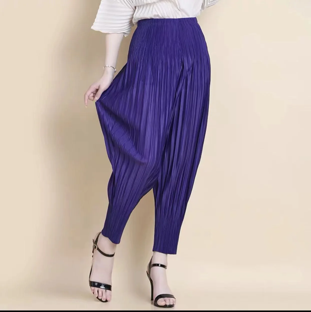 Miyake Fashion Classic Versatile Carrot Pants Loose High Elasticity Folded Small Legged Haren Pants for Women