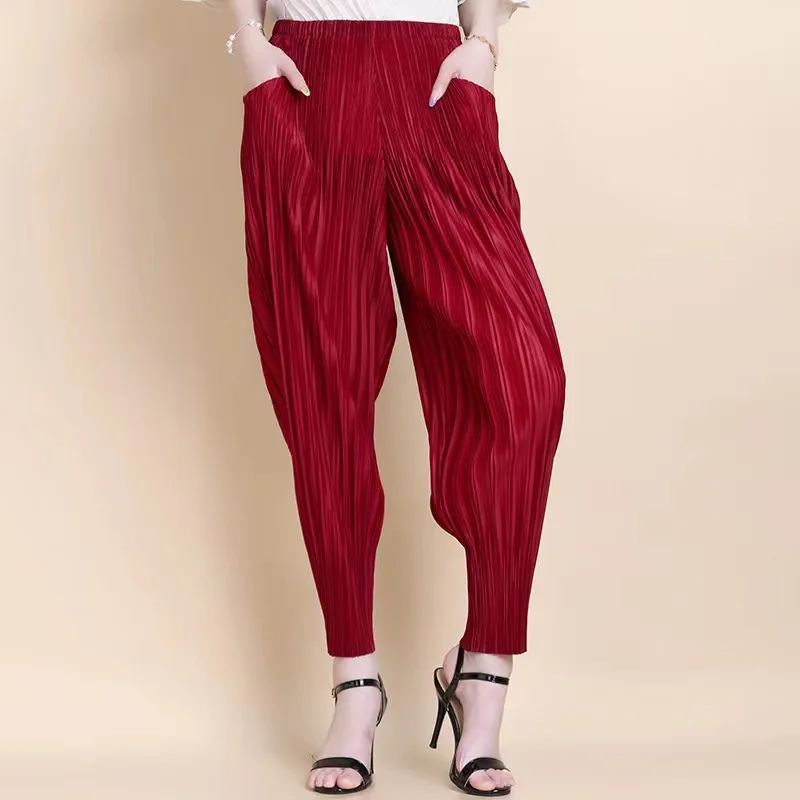 Miyake Fashion Classic Versatile Carrot Pants Loose High Elasticity Folded Small Legged Haren Pants for Women