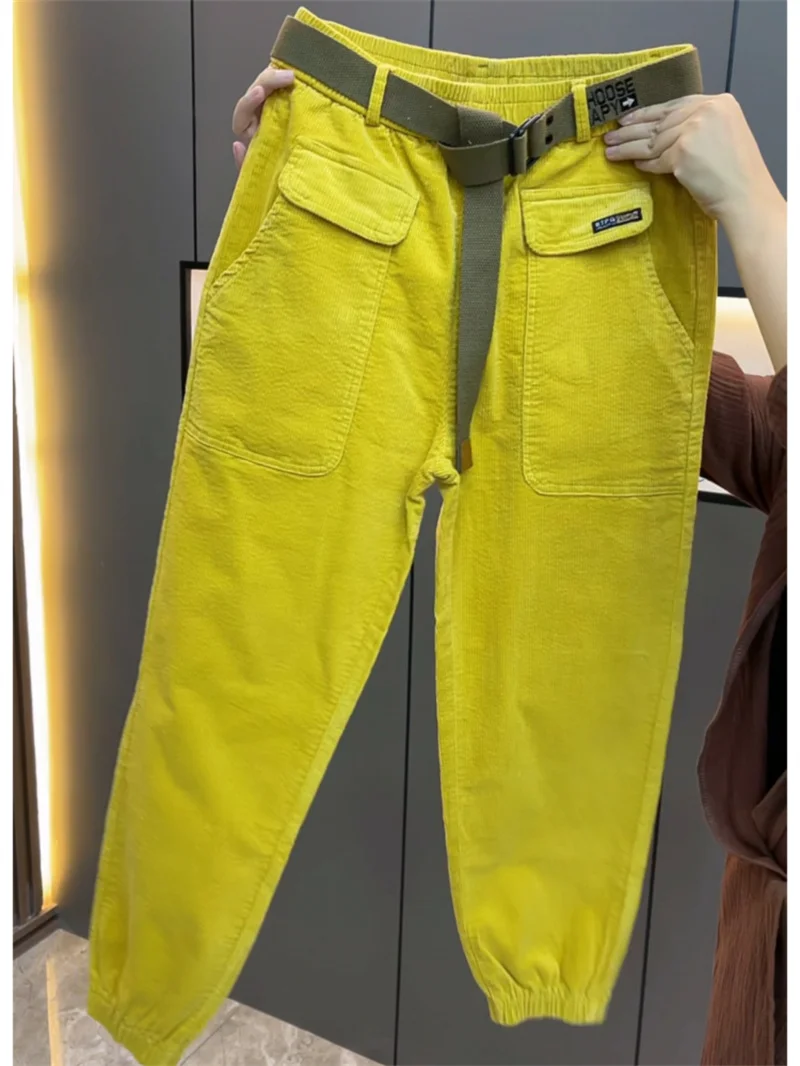 Fashion Korean Autumn Winter Corduroy Tight leg Harem Pants Women 2026 New Elastic High Waist Loose Casual Female Trousers