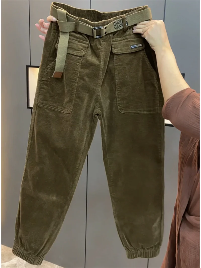 Fashion Korean Autumn Winter Corduroy Tight leg Harem Pants Women 2026 New Elastic High Waist Loose Casual Female Trousers
