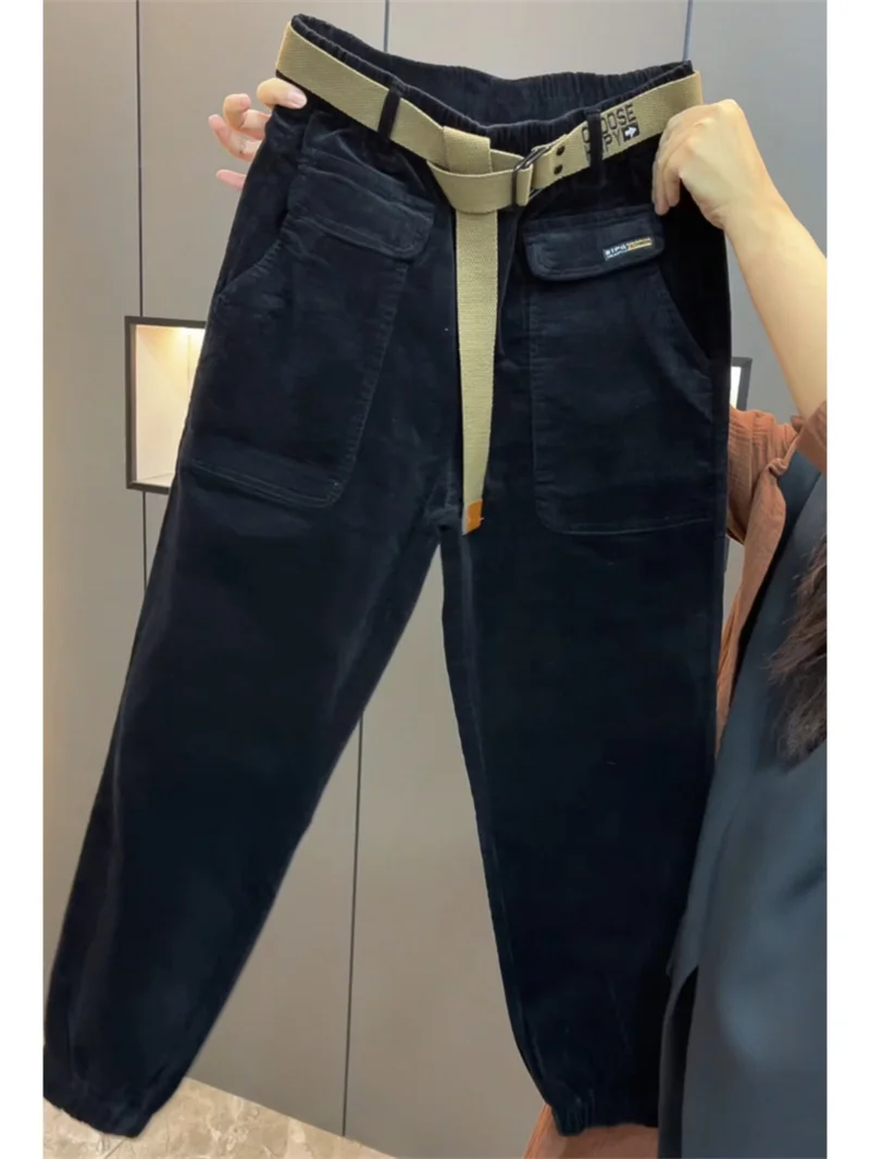 Fashion Korean Autumn Winter Corduroy Tight leg Harem Pants Women 2026 New Elastic High Waist Loose Casual Female Trousers