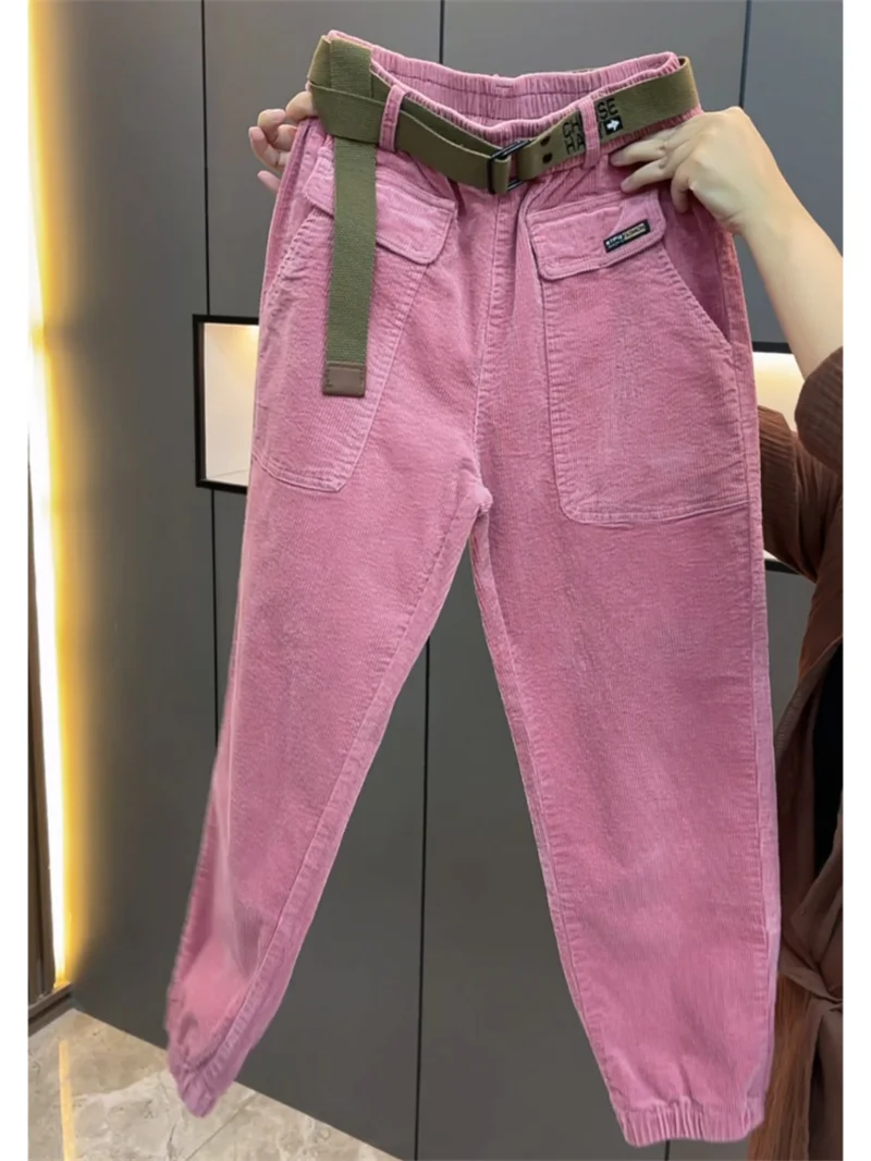 Fashion Korean Autumn Winter Corduroy Tight leg Harem Pants Women 2026 New Elastic High Waist Loose Casual Female Trousers
