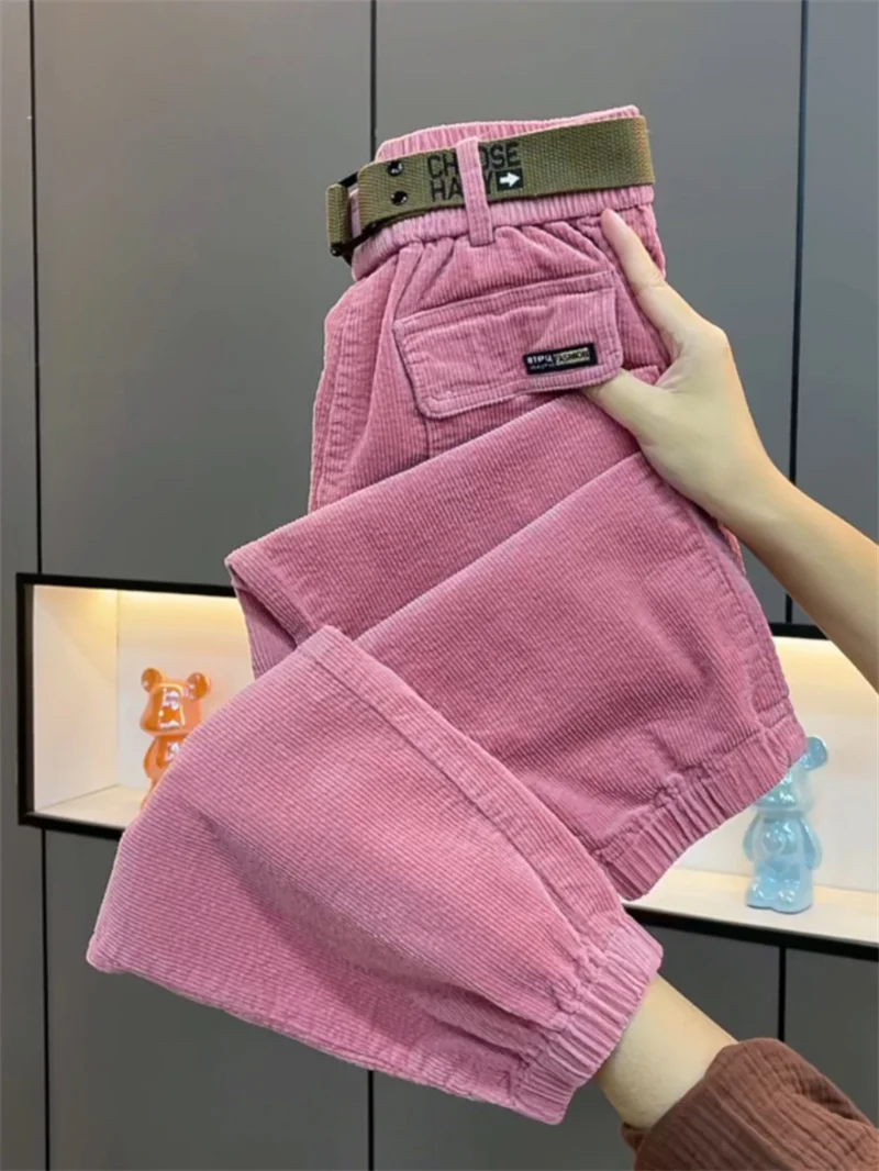 Fashion Korean Autumn Winter Corduroy Tight leg Harem Pants Women 2026 New Elastic High Waist Loose Casual Female Trousers