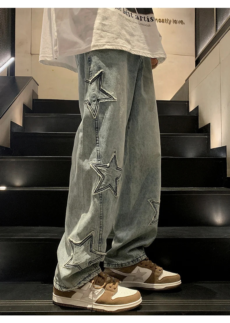 Y2K Vintage Women Jeans Streetwear Oversize Star Aesthetic Straight Trousers Wide Leg Grunge Denim Pant Men Clothes Korean Pants