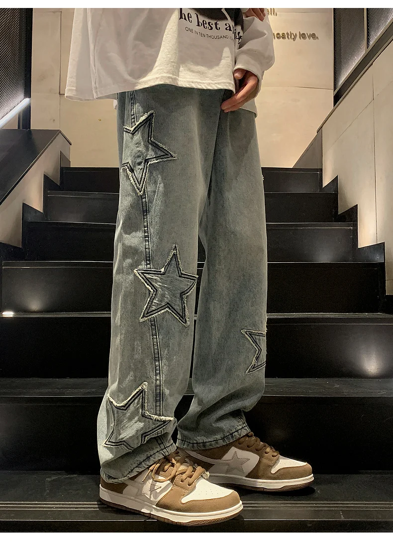 Y2K Vintage Women Jeans Streetwear Oversize Star Aesthetic Straight Trousers Wide Leg Grunge Denim Pant Men Clothes Korean Pants