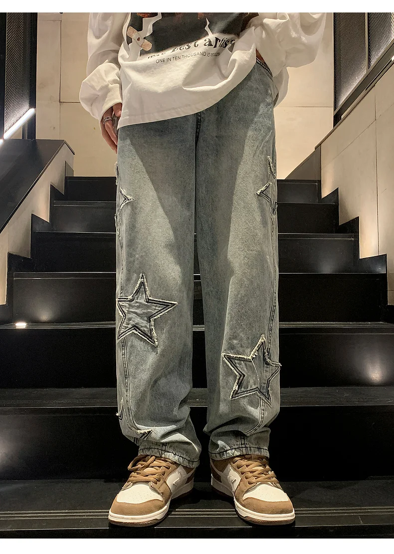 Y2K Vintage Women Jeans Streetwear Oversize Star Aesthetic Straight Trousers Wide Leg Grunge Denim Pant Men Clothes Korean Pants