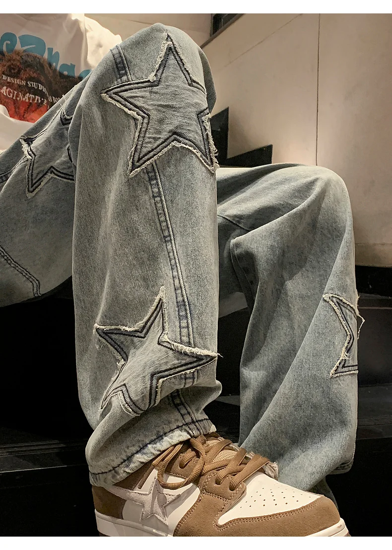 Y2K Vintage Women Jeans Streetwear Oversize Star Aesthetic Straight Trousers Wide Leg Grunge Denim Pant Men Clothes Korean Pants