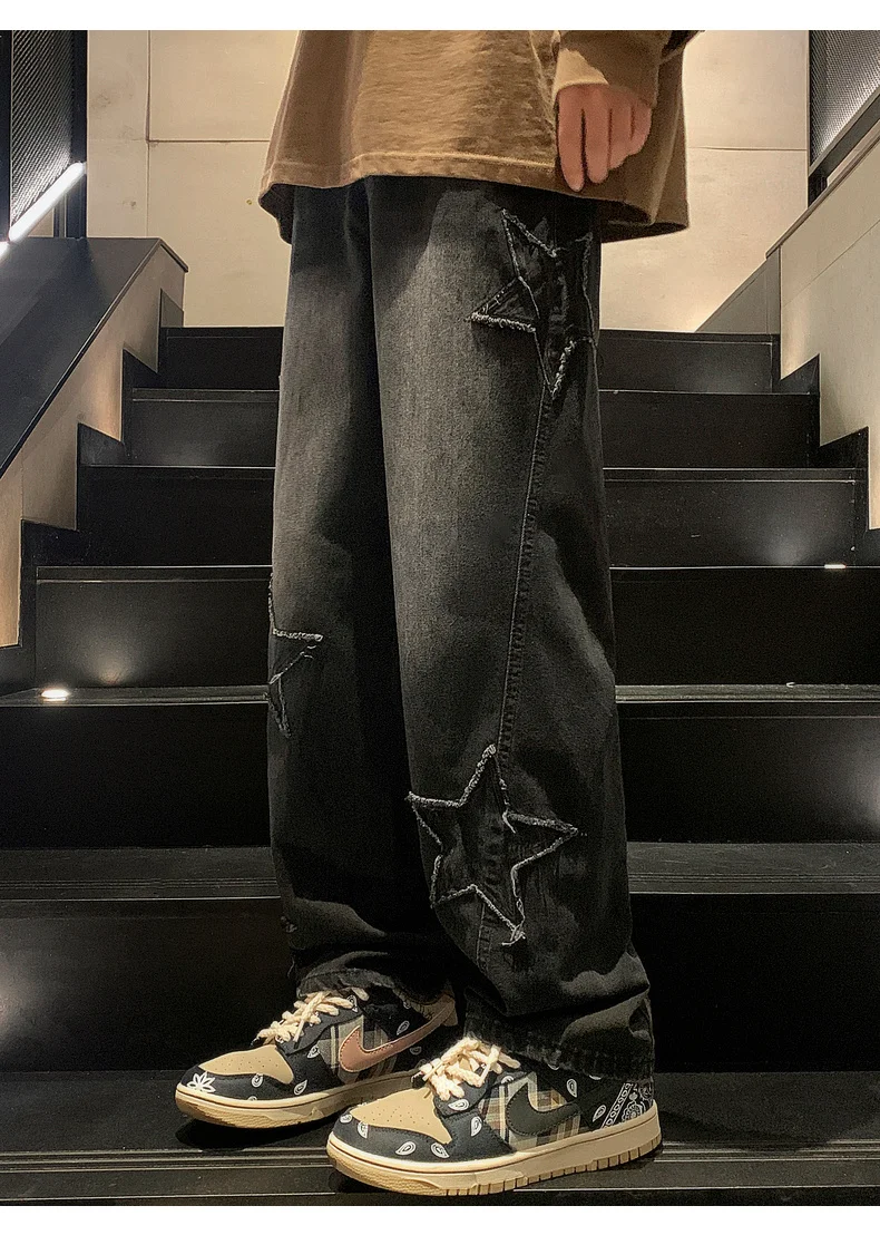 Y2K Vintage Women Jeans Streetwear Oversize Star Aesthetic Straight Trousers Wide Leg Grunge Denim Pant Men Clothes Korean Pants